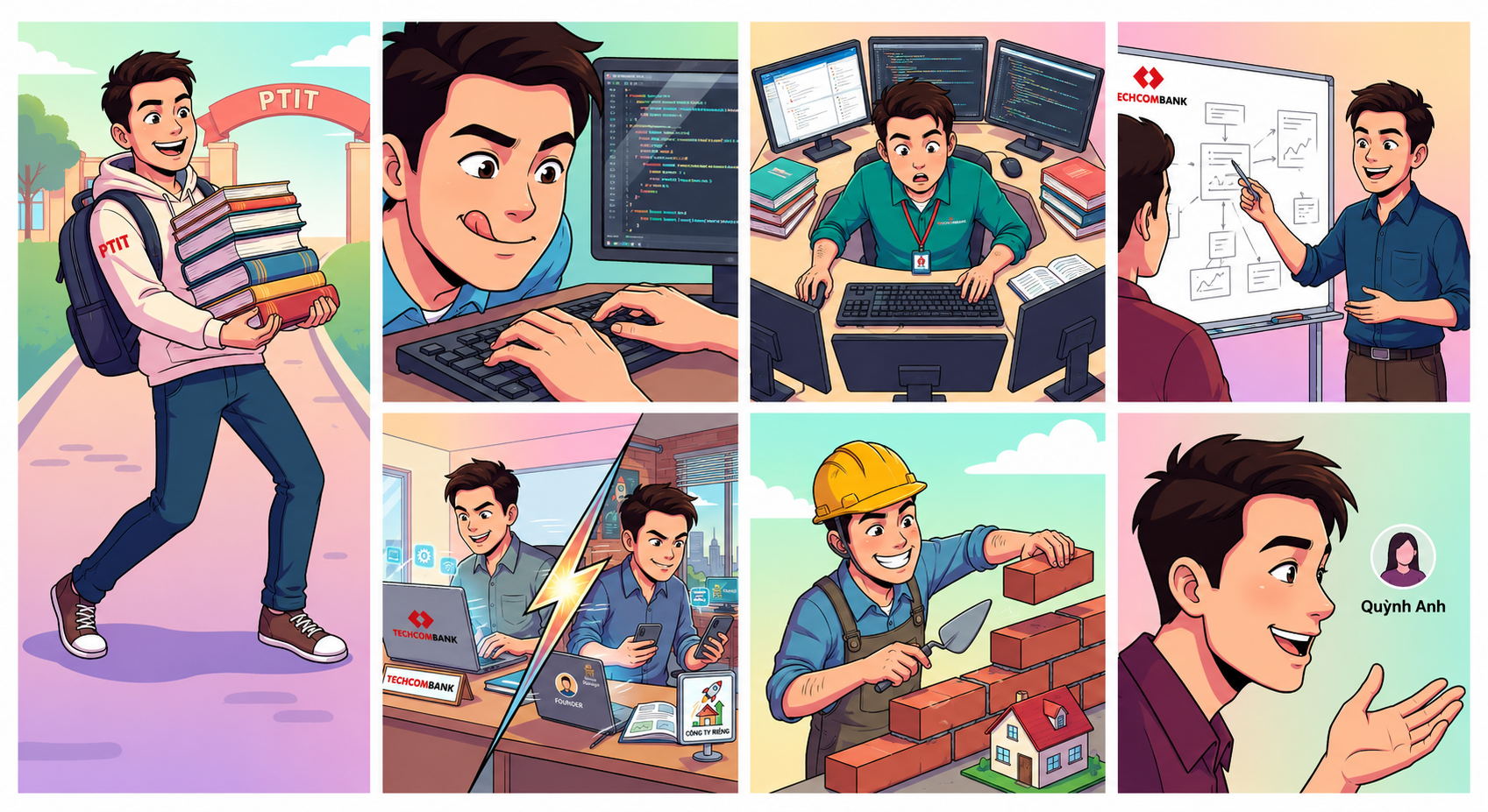 Hành trình từ sinh viên PTIT, học lập trình, đi làm, thuyết trình tại Techcombank, xây dựng công ty riêng song song, đến hiện tại vẫy tay chào Quỳnh Anh